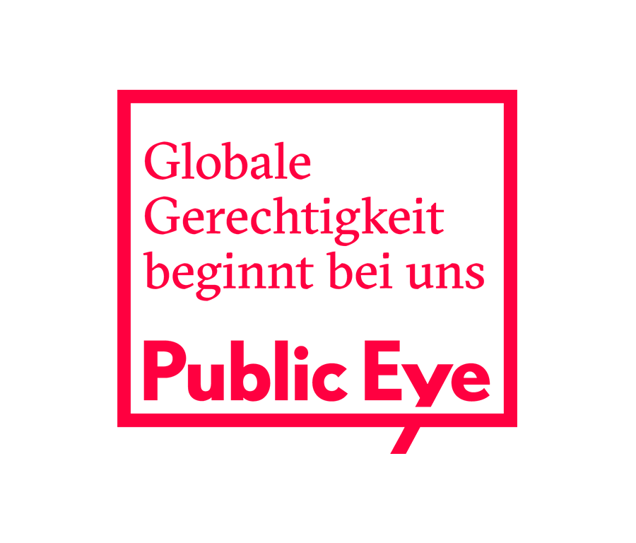 Logo von Public Eye mit Claim "Globale Gerechtigkeit beginnt bei uns"